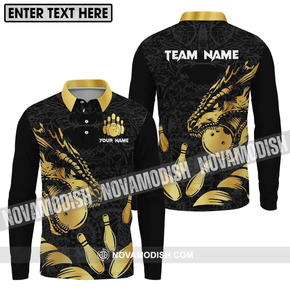 Unisex Shirt - Custom Name And Team Name Bowling Lover Shirt Golden Bowling Long Sleeve Polo / S T-shirt