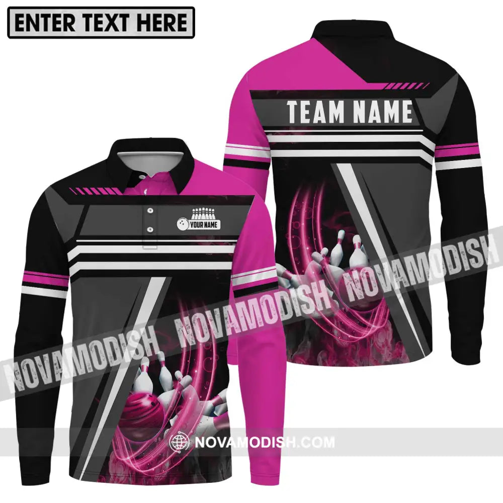 Unisex Shirt - Custom Name And Team Name Bowling Lover Shirt Pink Gray Long Sleeve Polo / S T-shirt
