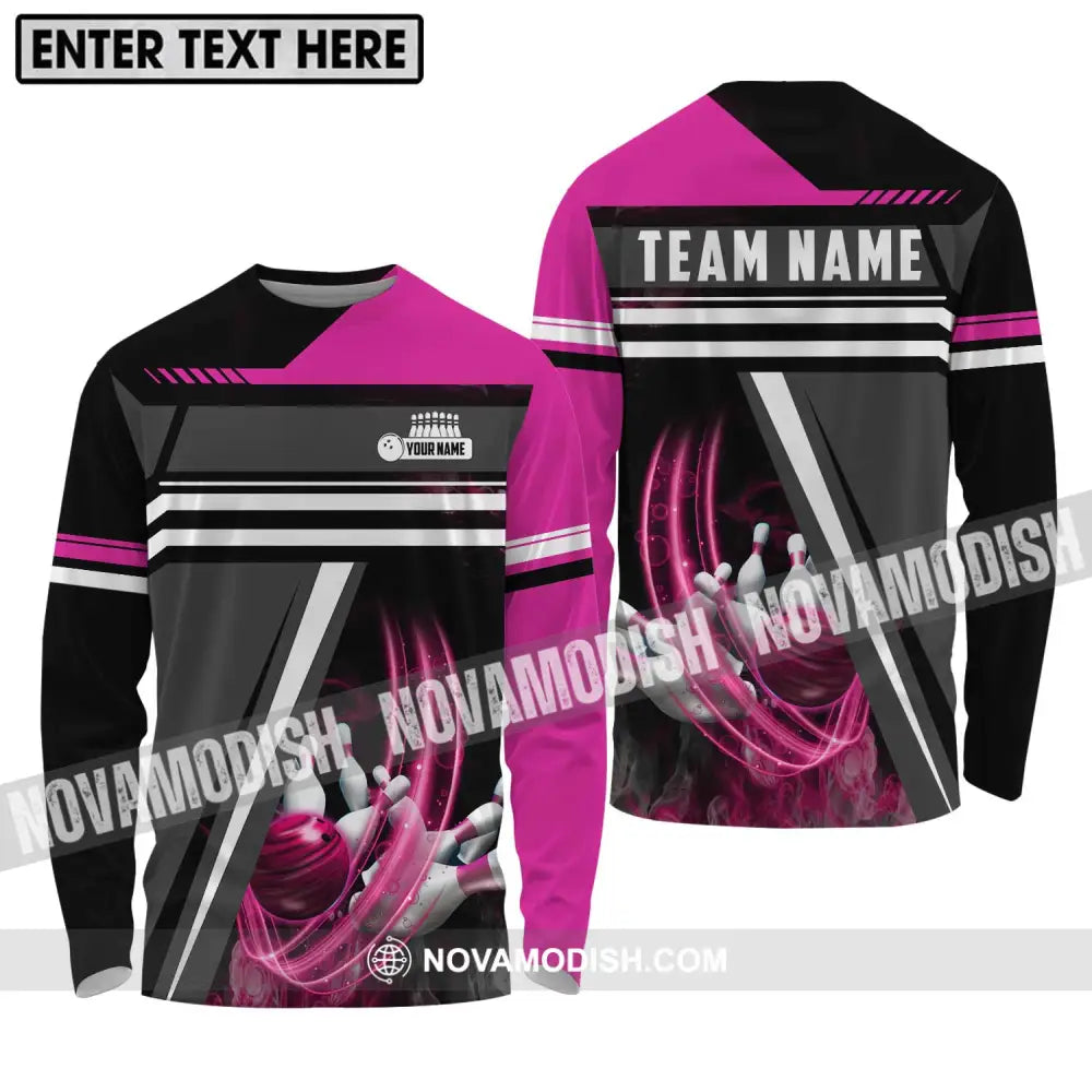 Unisex Shirt - Custom Name And Team Name Bowling Lover Shirt Pink Gray Long Sleeve Shirt / S T-shirt