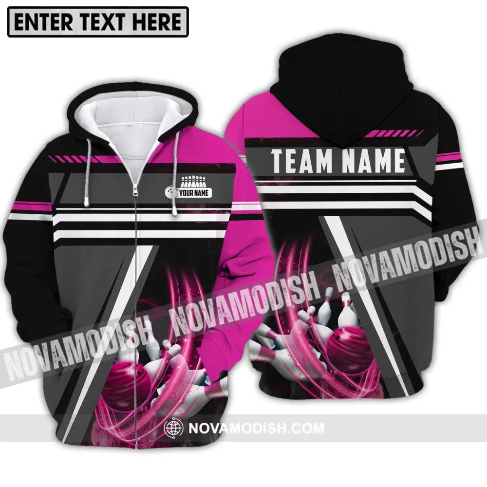 Unisex Shirt - Custom Name And Team Name Bowling Lover Shirt Pink Gray Zipper Hoodie / S T-shirt