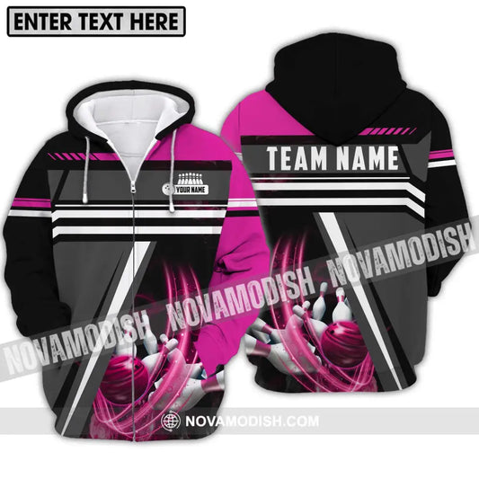 Unisex Shirt - Custom Name And Team Name Bowling Lover Shirt Pink Gray Zipper Hoodie / S T-shirt