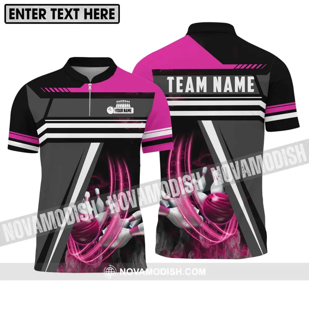 Unisex Shirt - Custom Name And Team Name Bowling Lover Shirt Pink Gray Zipper Polo Shirt / S T-shirt