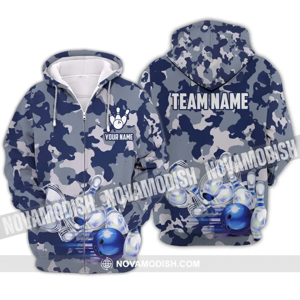 Unisex Shirt - Custom Name And Team Name Shirt Bowling Navy Pins Shirt Zipper Hoodie / S T-shirt