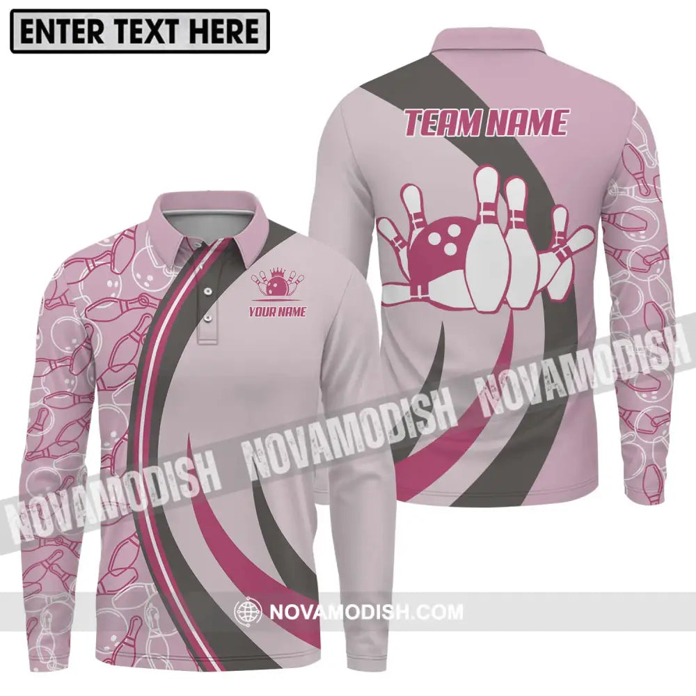 Unisex Shirt - Custom Name And Team Name Bowling Shirt Pink Bowling Long Sleeve Polo / S T-shirt
