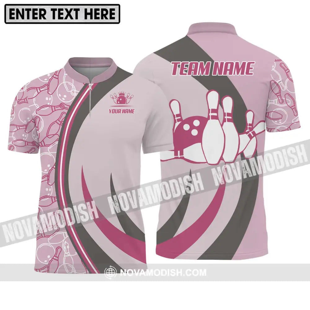 Unisex Shirt - Custom Name And Team Name Bowling Shirt Pink Bowling Zipper Polo Shirt / S T-shirt