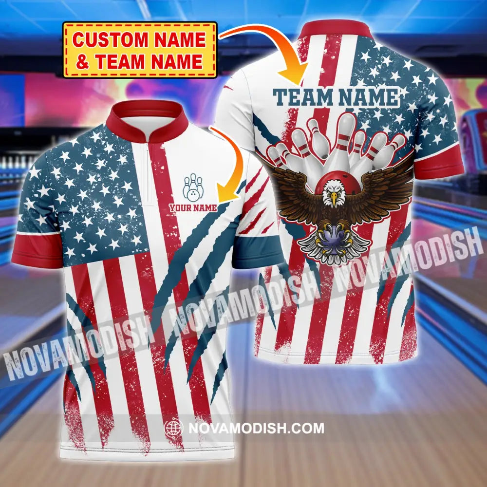 Unisex Shirt Custom Name And Team Bowling Polo America Flag T-Shirt Hoodie Long Sleeve