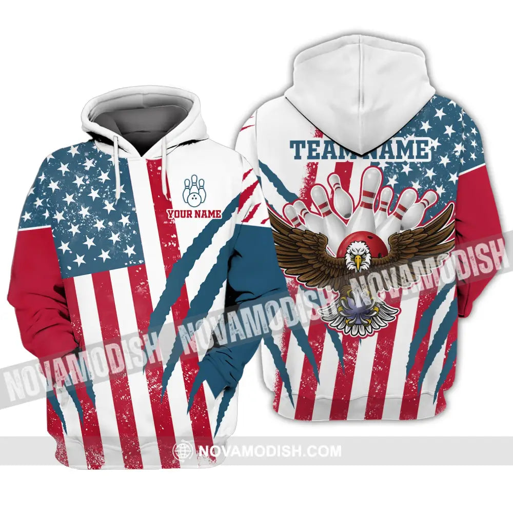 Unisex Shirt Custom Name And Team Bowling Polo America Flag T-Shirt Hoodie Long Sleeve / S