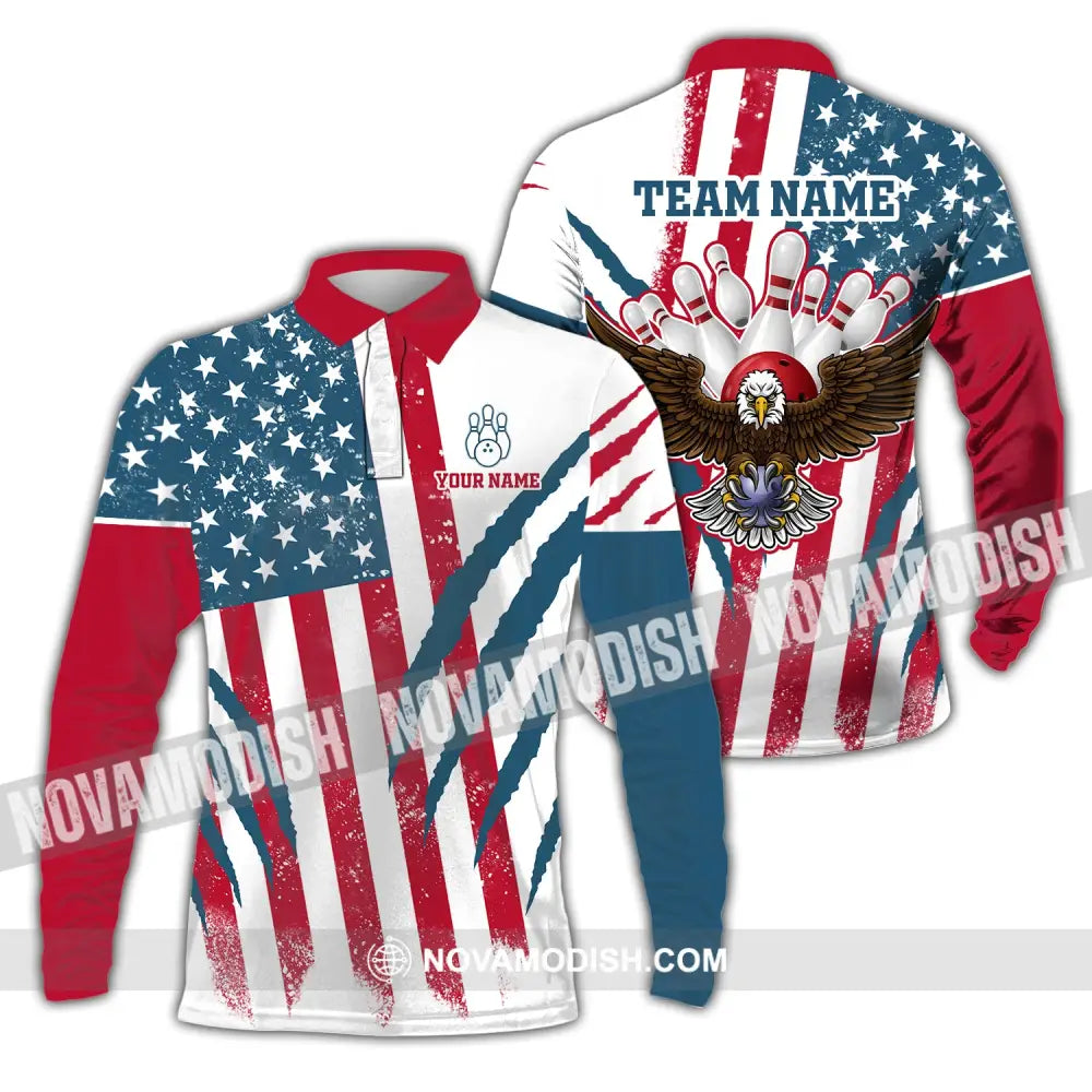 Unisex Shirt Custom Name And Team Bowling Polo America Flag T-Shirt Hoodie Long Sleeve / S