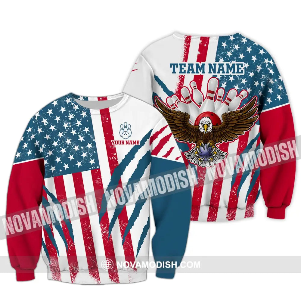 Unisex Shirt Custom Name And Team Bowling Polo America Flag T-Shirt Hoodie Long Sleeve / S