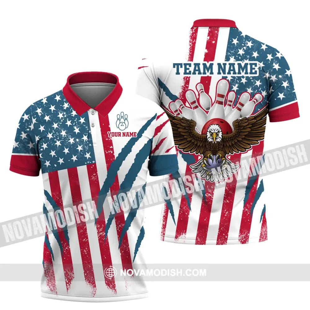 Unisex Shirt Custom Name And Team Bowling Polo America Flag T-Shirt Hoodie Long Sleeve / S