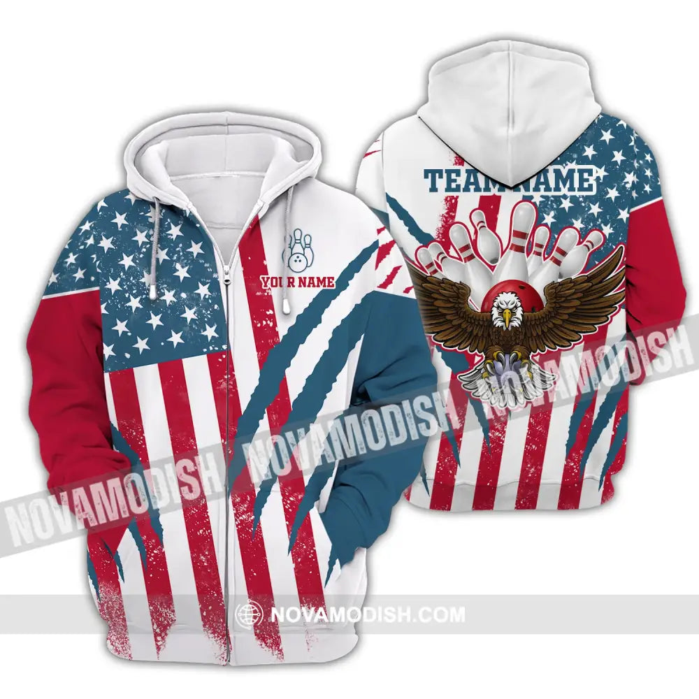 Unisex Shirt Custom Name And Team Bowling Polo America Flag T-Shirt Hoodie Long Sleeve Zipper / S