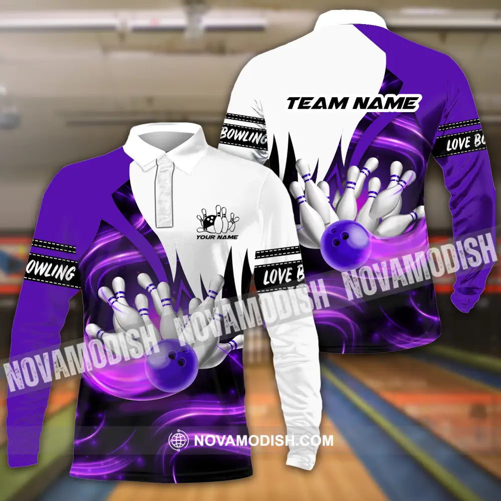 Unisex Shirt - Custom Name And Team Name Shirt Bowling Purple Motifs Long Sleeve Polo / S T-shirt