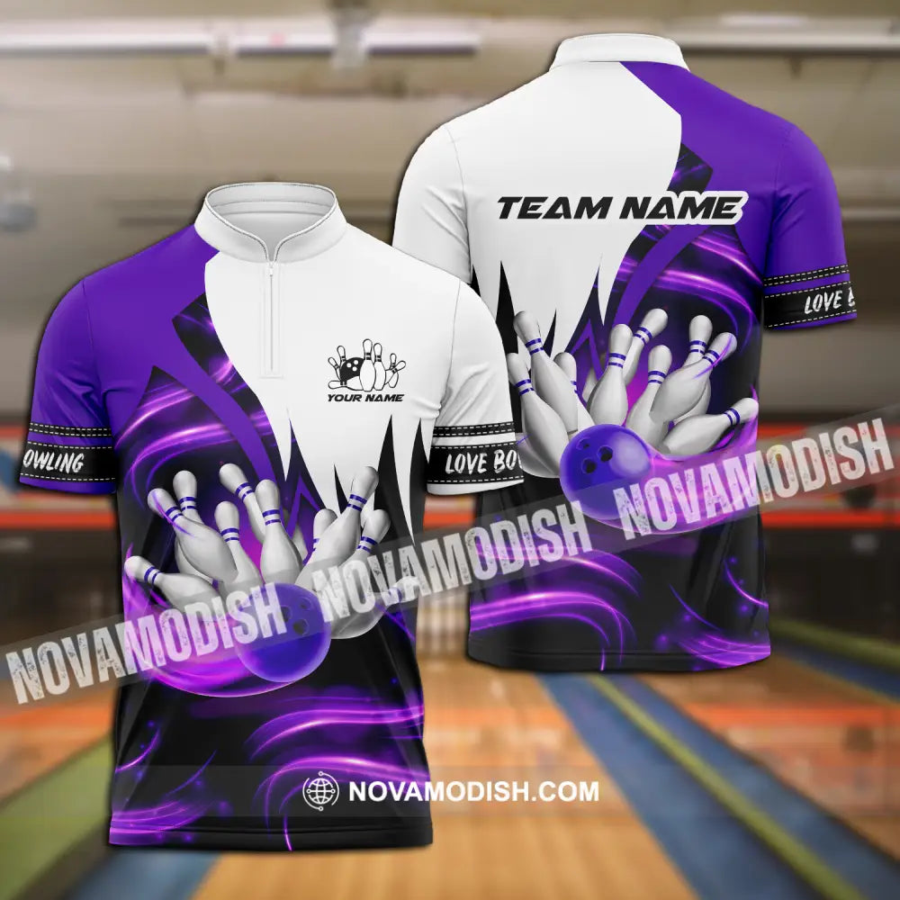 Unisex Shirt - Custom Name And Team Name Shirt Bowling Purple Motifs Zipper Polo Shirt / S T-shirt