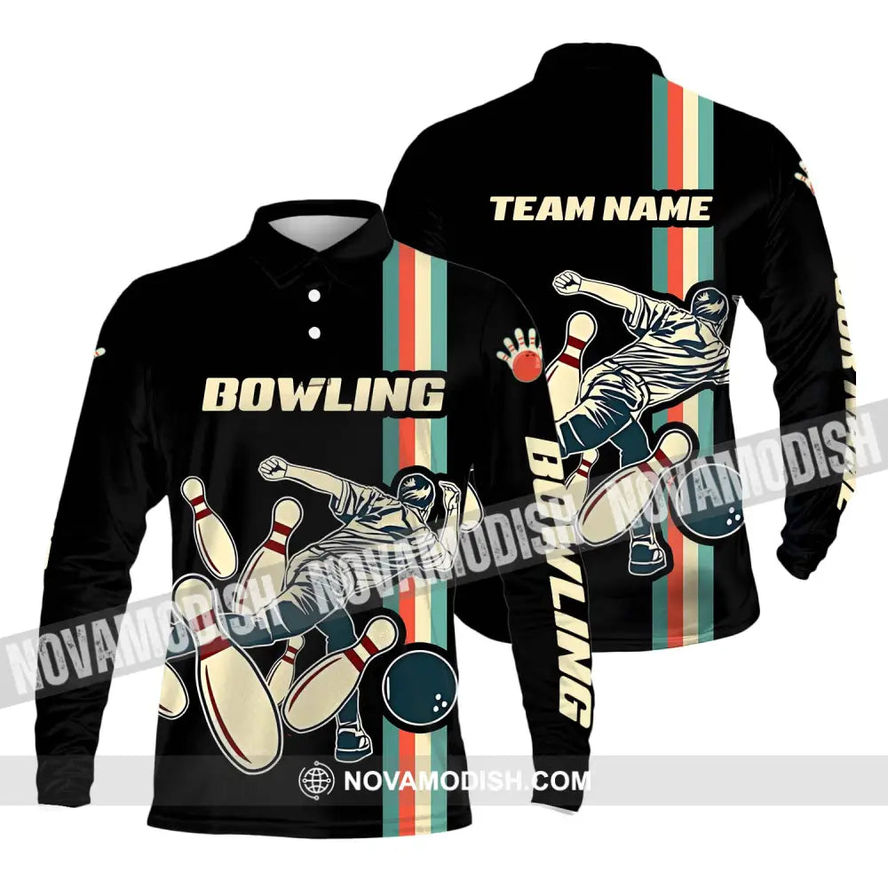 Unisex Shirt - Custom Name And Team Name Bowling Shirt Retro Color Long Sleeve Polo / S T-shirt