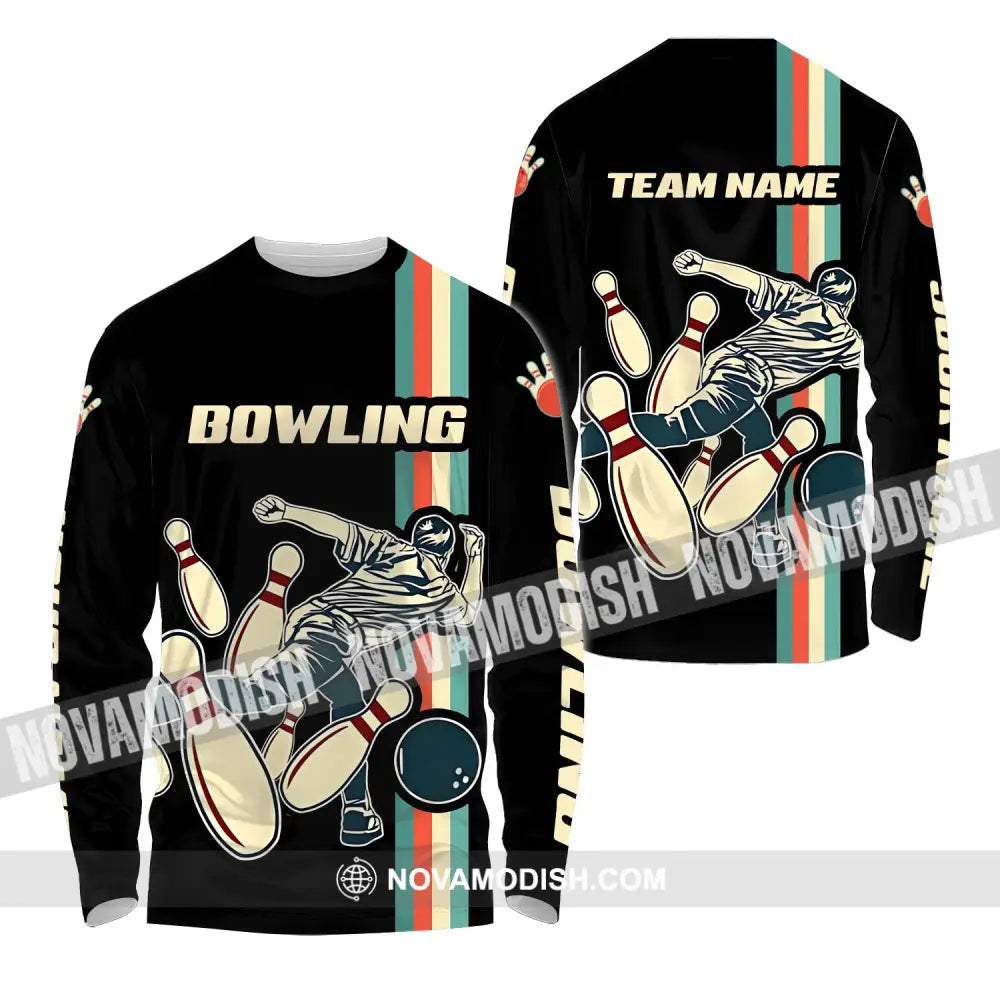 Unisex Shirt - Custom Name And Team Name Bowling Shirt Retro Color Long Sleeve Shirt / S T-shirt