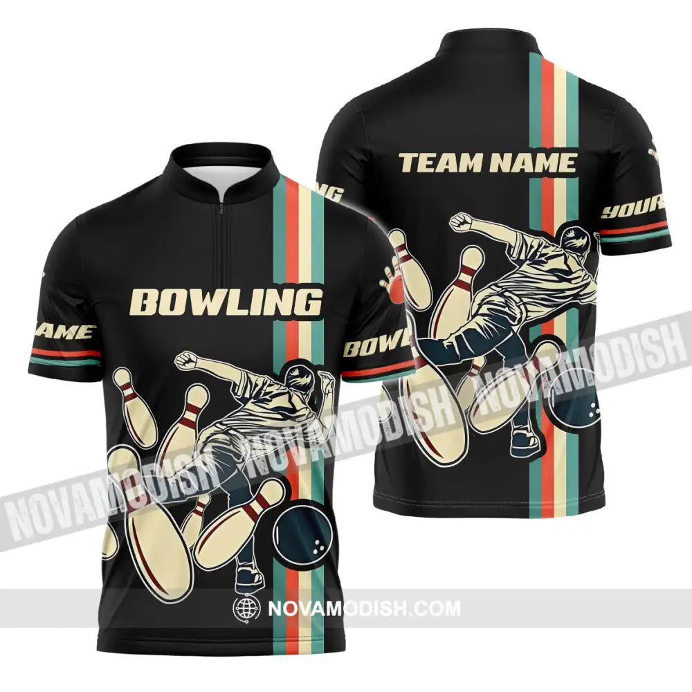 Unisex Shirt - Custom Name And Team Name Bowling Shirt Retro Color Zipper Polo Shirt / S T-shirt