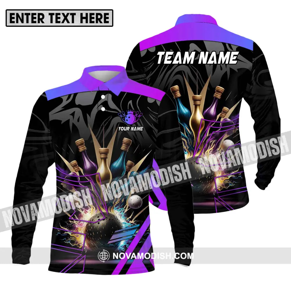 Unisex Shirt - Custom Name And Team Name Bowling Shirt Skinny Pins Long Sleeve Polo / S T-shirt