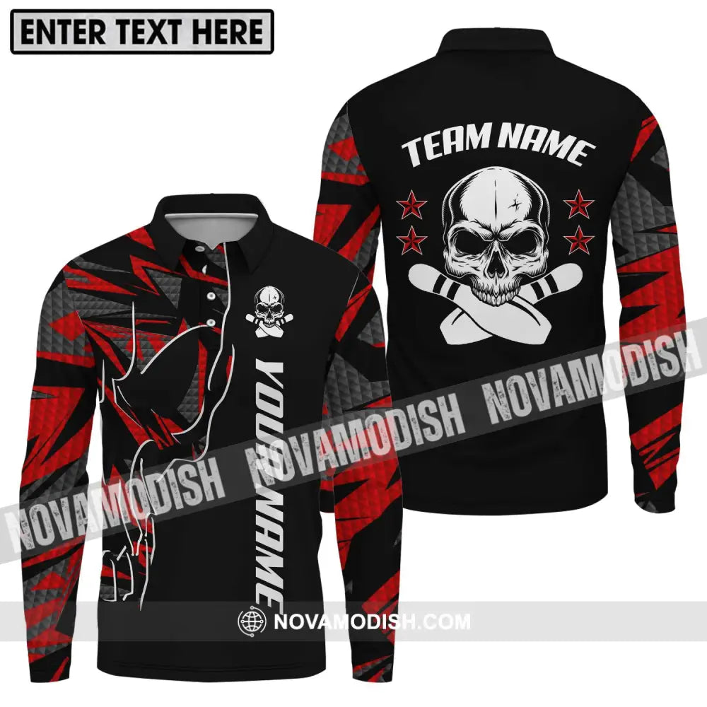 Unisex Shirt - Custom Name And Team Name Bowling Shirt Skull And Pins Long Sleeve Polo / S T-shirt