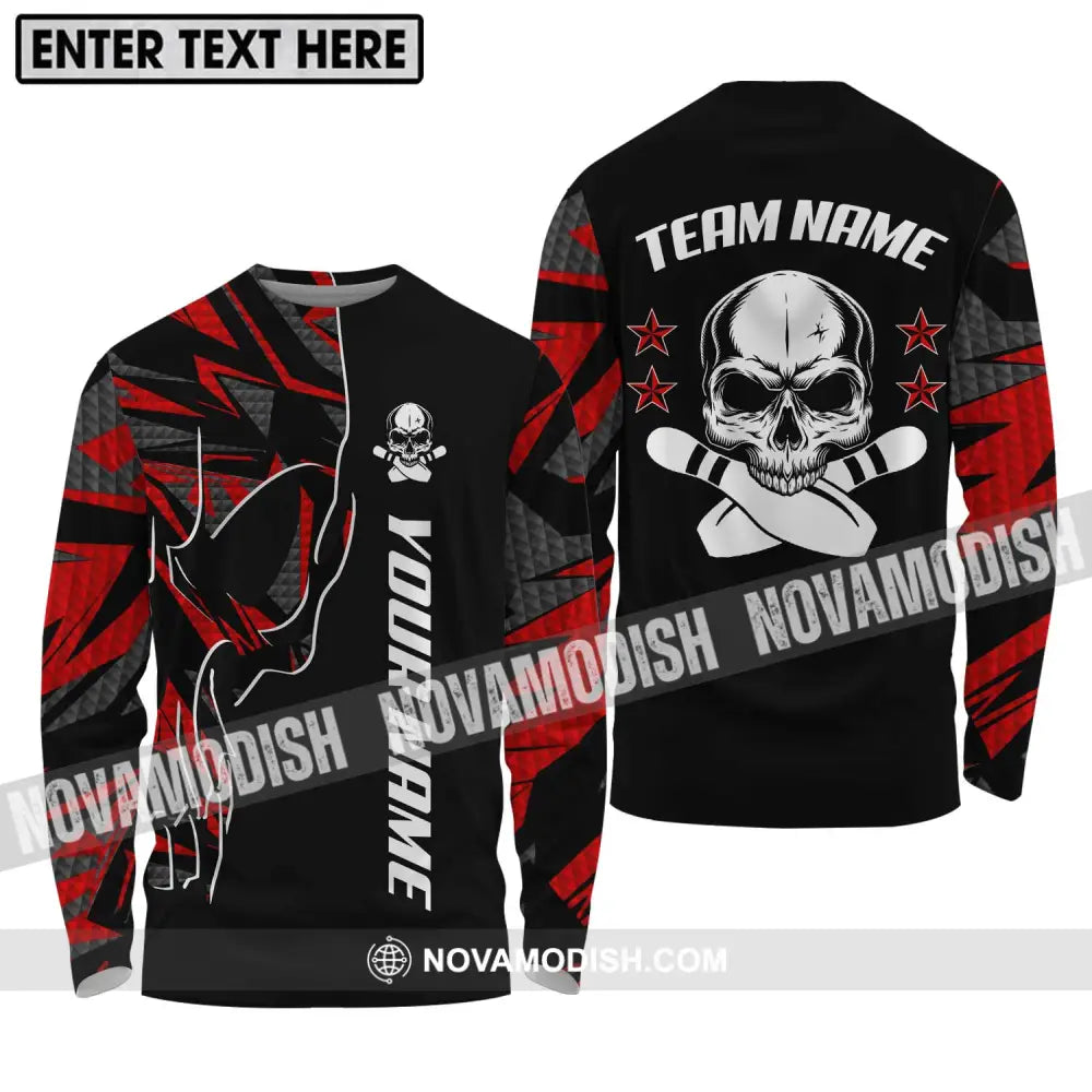Unisex Shirt - Custom Name And Team Name Bowling Shirt Skull And Pins Long Sleeve Shirt / S T-shirt