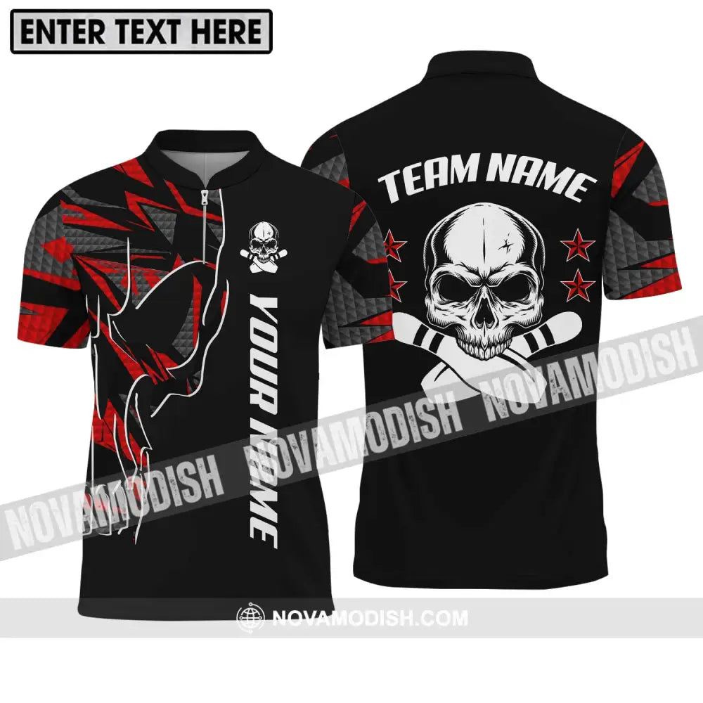 Unisex Shirt - Custom Name And Team Name Bowling Shirt Skull And Pins Zipper Polo Shirt / S T-shirt