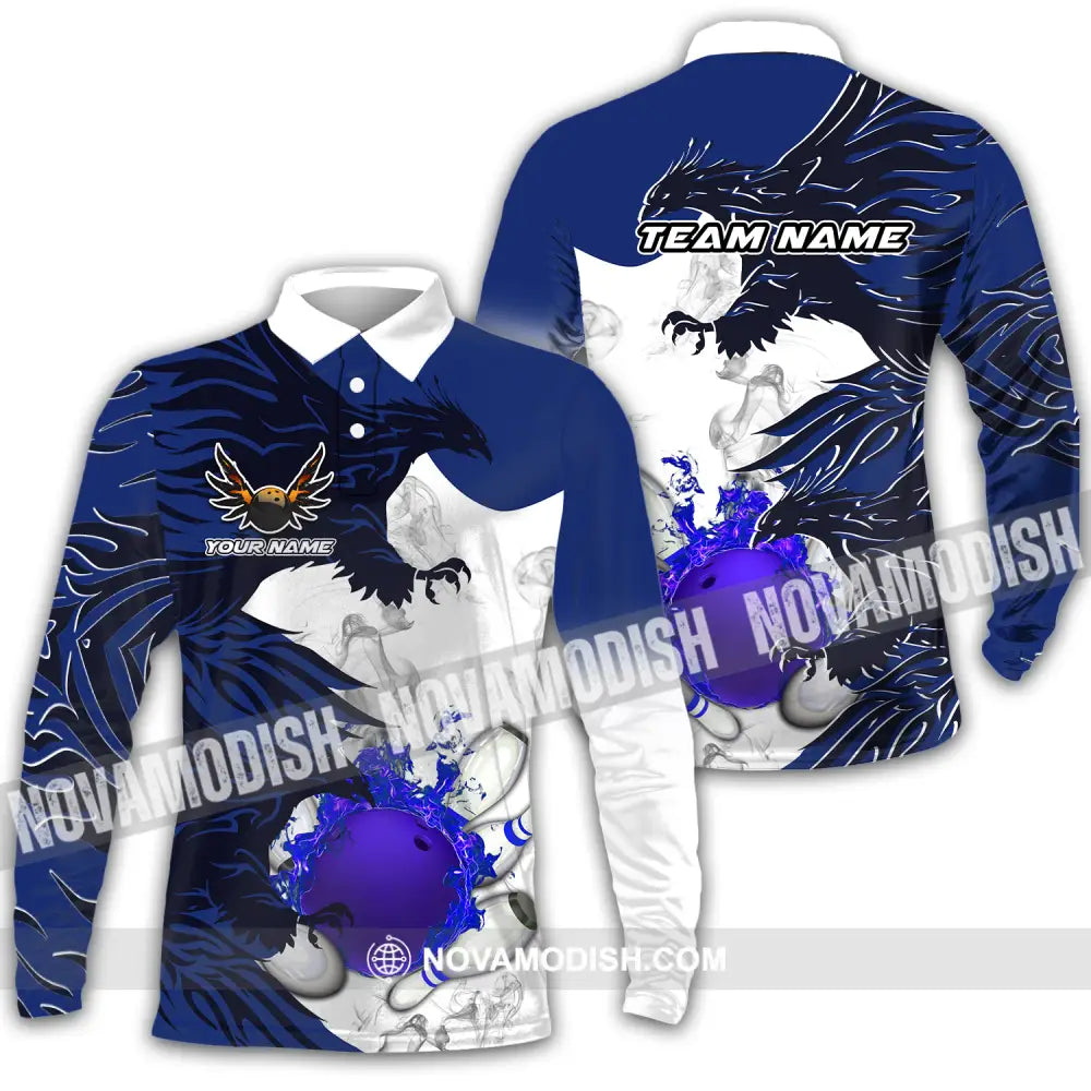 Unisex Shirt - Custom Name And Team Name Bowling Sport Shirt Blue Ball Fly Dragon Long Sleeve Polo / S T-shirt