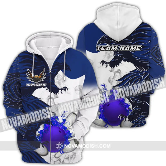 Unisex Shirt - Custom Name And Team Name Bowling Sport Shirt Blue Ball Fly Dragon Zipper Hoodie / S T-shirt