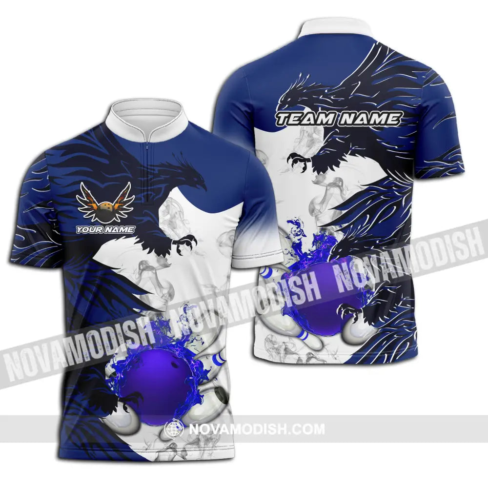 Unisex Shirt - Custom Name And Team Name Bowling Sport Shirt Blue Ball Fly Dragon Zipper Polo Shirt / S T-shirt