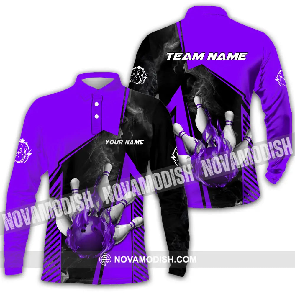Unisex Shirt - Custom Name And Team Name Bowling Sport Shirt Purple Ball Long Sleeve Polo / S T-shirt