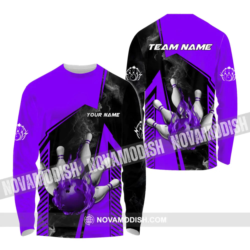 Unisex Shirt - Custom Name And Team Name Bowling Sport Shirt Purple Ball Long Sleeve Shirt / S T-shirt