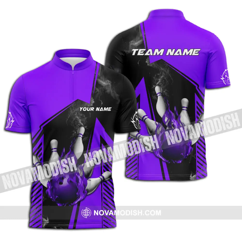 Unisex Shirt - Custom Name And Team Name Bowling Sport Shirt Purple Ball Zipper Polo Shirt / S T-shirt