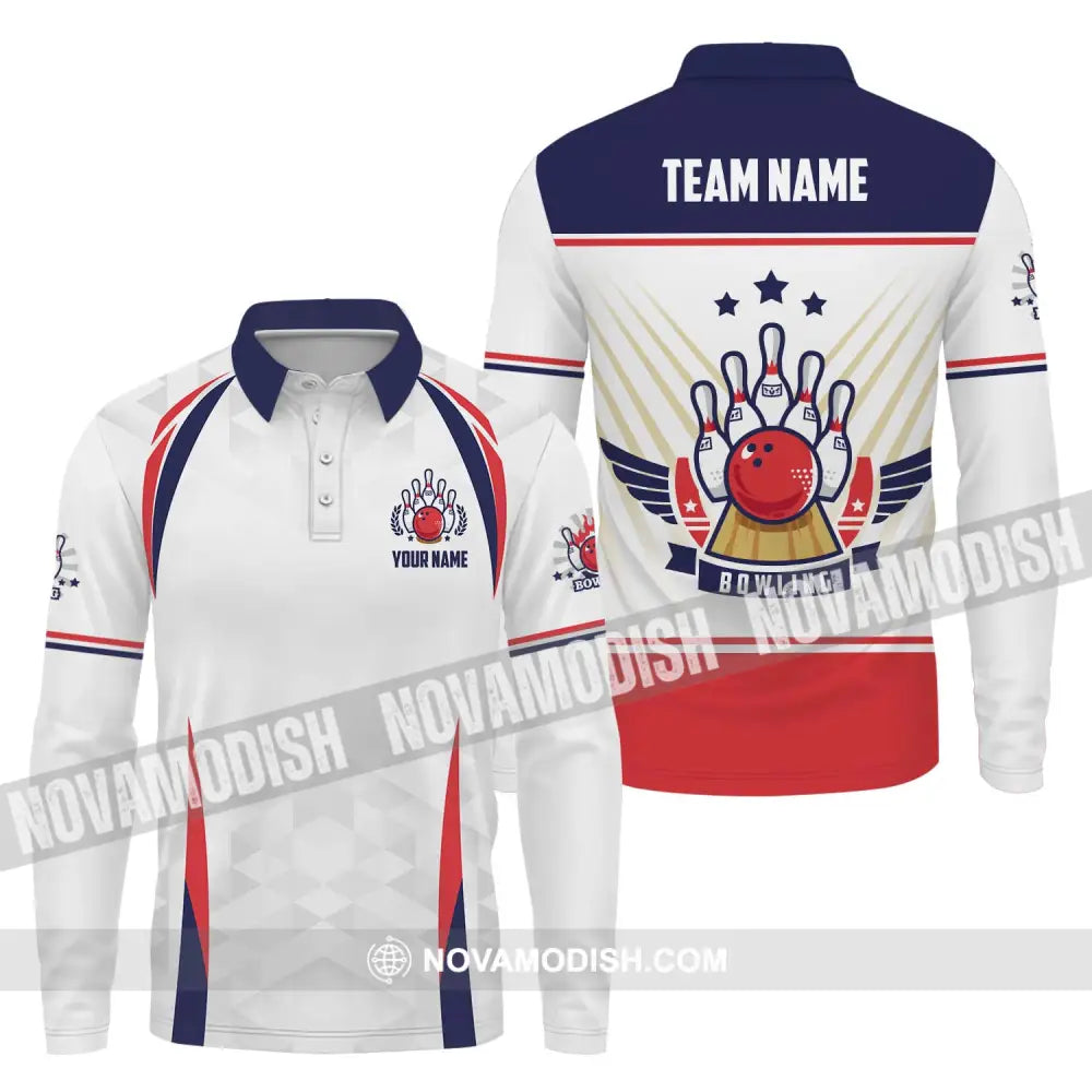 Unisex Shirt - Custom Name And Team Name Bowling Shirt Three Star Bowling Ball Long Sleeve Polo / S T-shirt