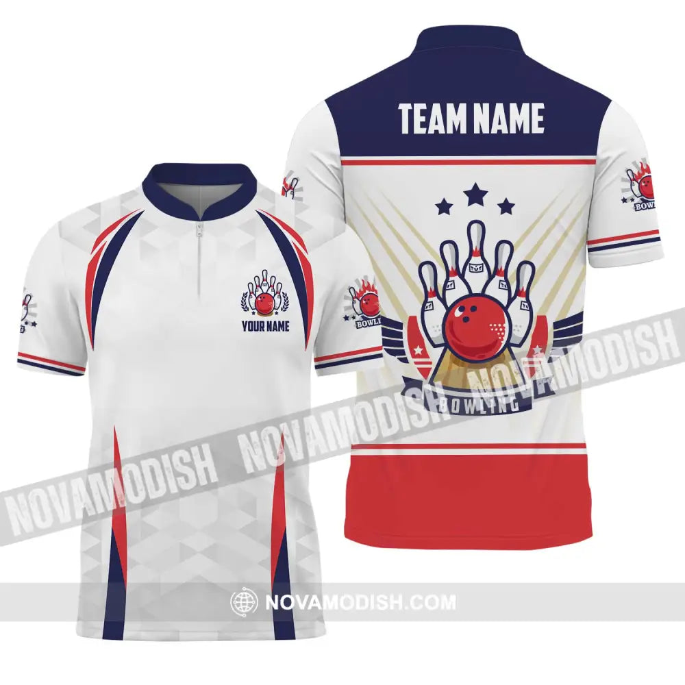 Unisex Shirt - Custom Name And Team Name Bowling Shirt Three Star Bowling Ball Zipper Polo Shirt / S T-shirt