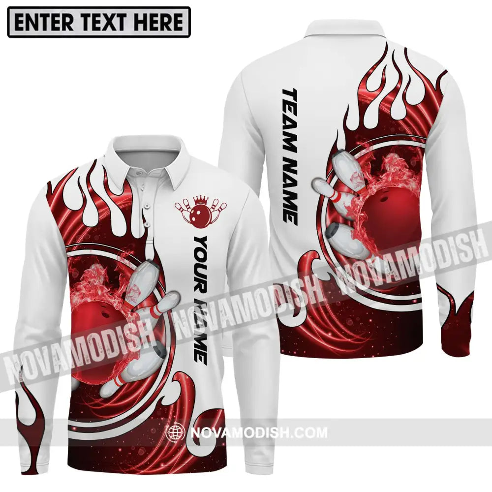 Unisex Shirt - Custom Name And Team Name Shirt Crown Red Bowling Ball Shirt Long Sleeve Polo / S T-shirt