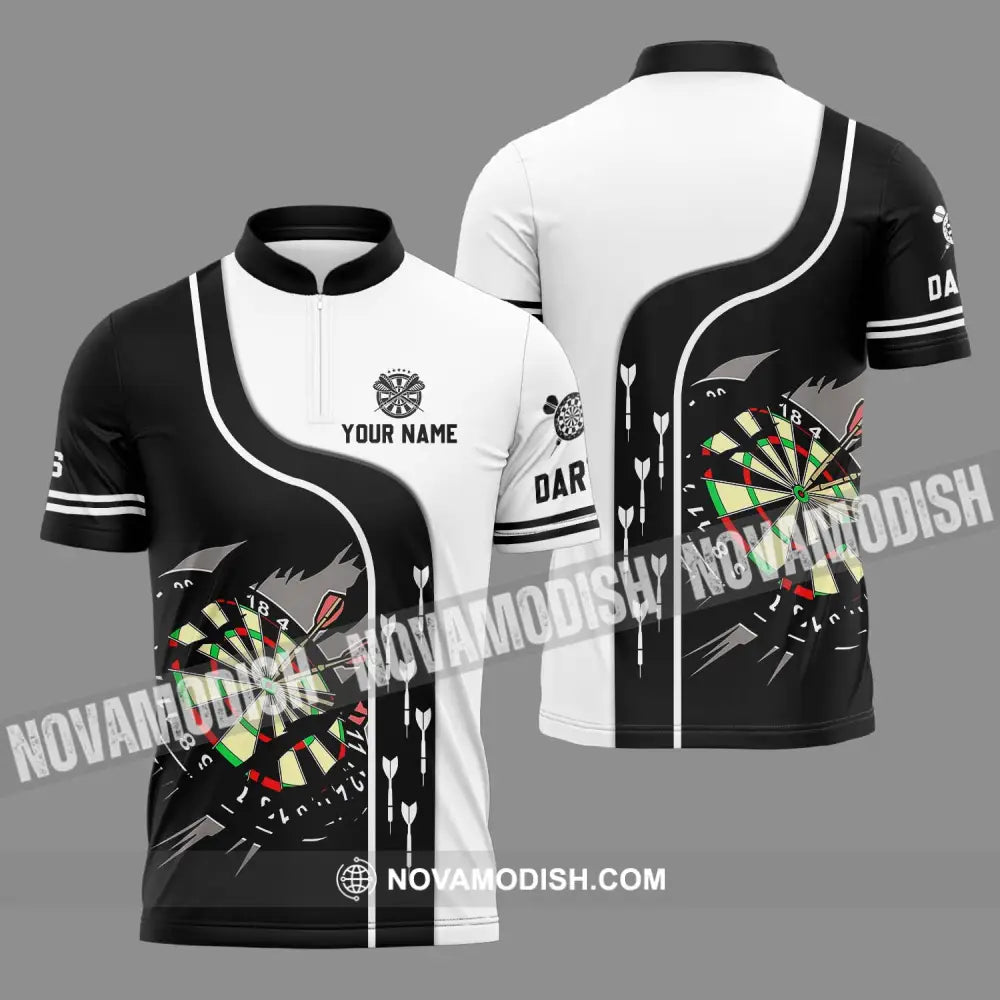 Unisex Shirt - Custom Name And Team Name Darts Shirt Black And White Zipper Polo Shirt / S T-shirt