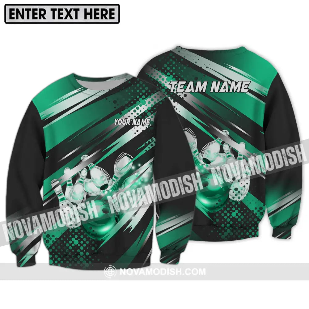 Unisex Shirt - Custom Name And Team Name Shirt Emerald Bowling Ball And Pins Long Sleeve / S T-shirt