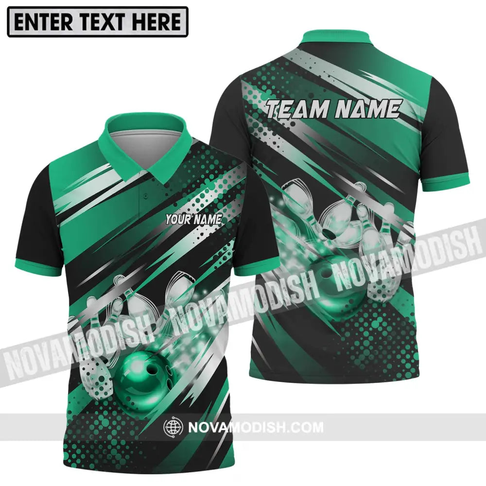 Unisex Shirt - Custom Name And Team Name Shirt Emerald Bowling Ball And Pins Polo Shirt / S T-shirt