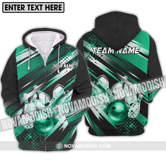 Unisex Shirt - Custom Name And Team Name Shirt Emerald Bowling Ball And Pins Zipper Hoodie / S T-shirt