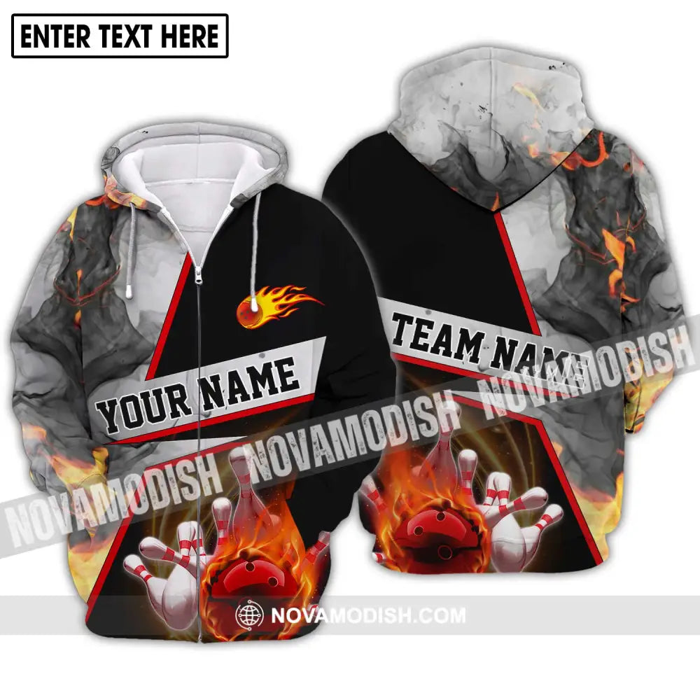 Unisex Shirt - Custom Name And Team Name Shirt Fire Ball Bowling Lover Shirt Zipper Hoodie / S T-shirt