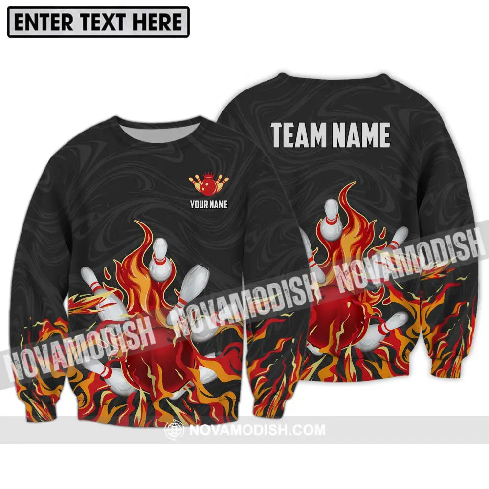 Unisex Shirt - Custom Name And Team Name Shirt Fire Bowling Ball And Pins Long Sleeve / S T-shirt