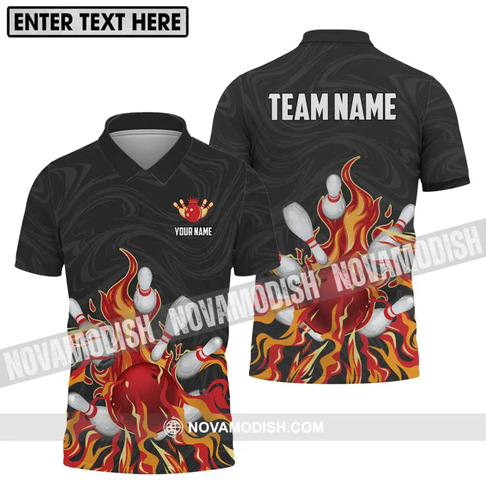 Unisex Shirt - Custom Name And Team Name Shirt Fire Bowling Ball And Pins Polo Shirt / S T-shirt