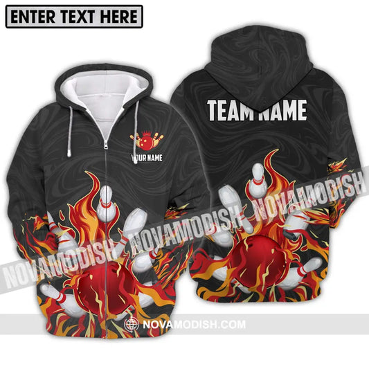 Unisex Shirt - Custom Name And Team Name Shirt Fire Bowling Ball And Pins Zipper Hoodie / S T-shirt