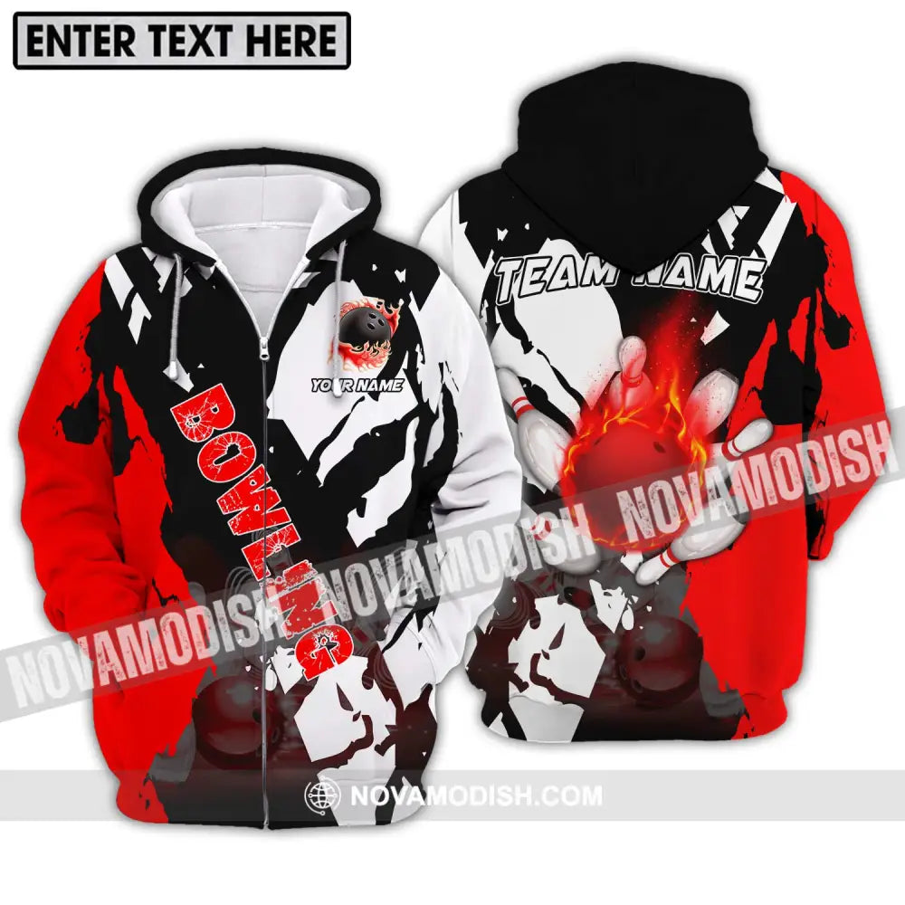 Unisex Shirt - Custom Name And Team Name Shirt Fire Bowling Ball Player Shirt Zipper Hoodie / S T-shirt