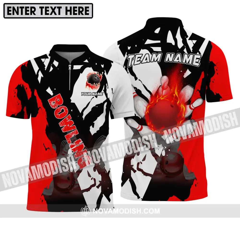 Unisex Shirt - Custom Name And Team Name Shirt Fire Bowling Ball Player Shirt Zipper Polo Shirt / S T-shirt