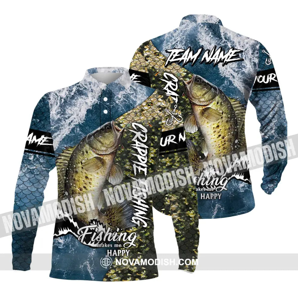 Unisex Shirt - Custom Name And Team Name Fishing Shirt Fishing Makes Me Happy Long Sleeve Polo / S T-shirt