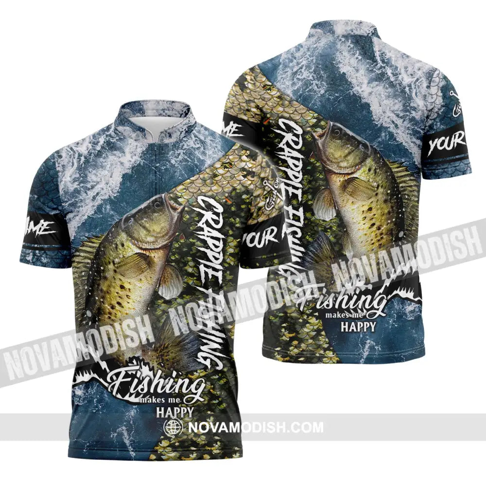 Unisex Shirt - Custom Name And Team Name Fishing Shirt Fishing Makes Me Happy Zipper Polo Shirt / S T-shirt