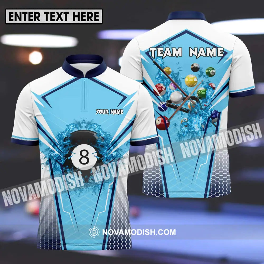 Unisex Shirt - Custom Name And Team Name Shirt For Billiard Lover White And Light Blue T-shirt