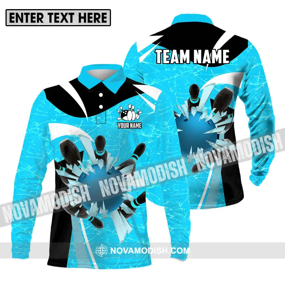 Unisex Shirt - Custom Name And Team Name Shirt Light Blue Pieces Bowling Long Sleeve Polo / S T-shirt