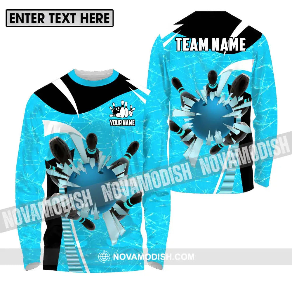 Unisex Shirt - Custom Name And Team Name Shirt Light Blue Pieces Bowling Long Sleeve Shirt / S T-shirt