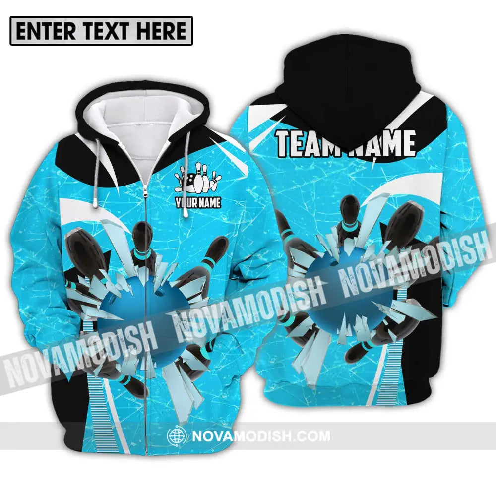 Unisex Shirt - Custom Name And Team Name Shirt Light Blue Pieces Bowling Zipper Hoodie / S T-shirt