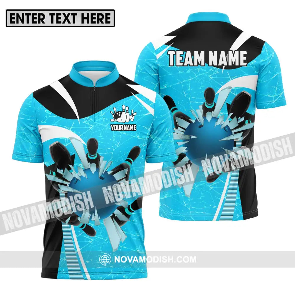 Unisex Shirt - Custom Name And Team Name Shirt Light Blue Pieces Bowling Zipper Polo Shirt / S T-shirt